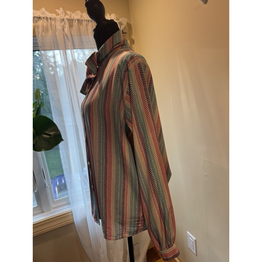 Vintage Women's Multicolor Striped Button Front Blouse Tie Neck Long Sleeve L - Picture 4 of 8